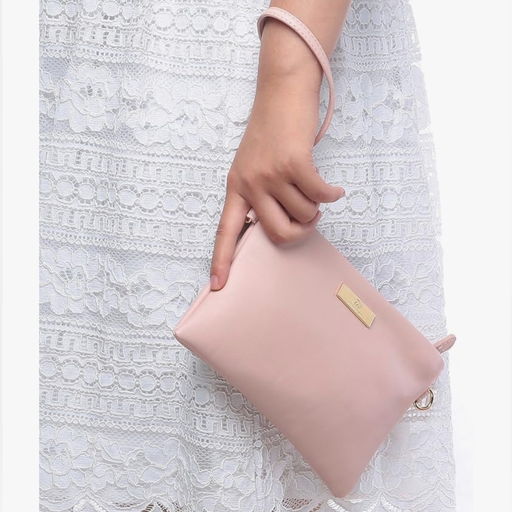 Crossbody Wristlet Clutch Convertible Purse Shoulder Bag Pink Gold Soft Leather